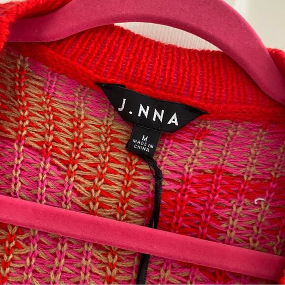 J.NNA • Red + Pink Two-Tone Color Block Button Front Leopard Cardigan - Picture 4 of 8